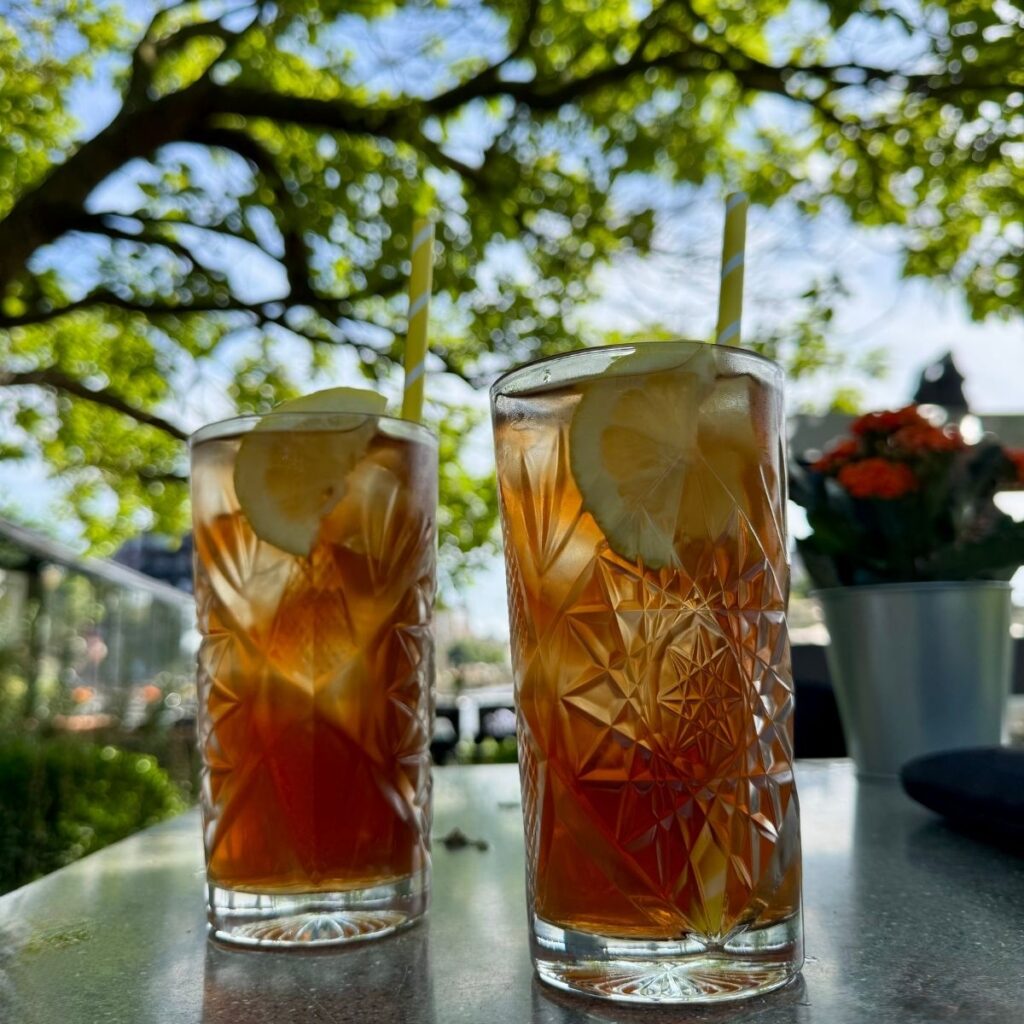 Iced tea met Geke op het terras van de Hofvliet villa in Zwolle